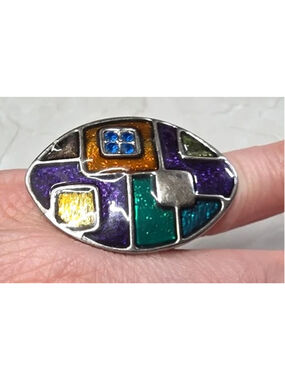 Vintage Womens Ring Multi-color Enamel Cobalt Blue Rhinestone Statement Adjusts
